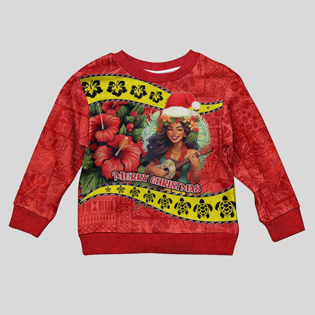 Personalised Hawaii Christmas Kid Ugly Christmas Sweater Hula Girl Hibiscus With Hawaiian Style Tribal Fabric Patchwork LT03 Kid Red - Polynesian Pride