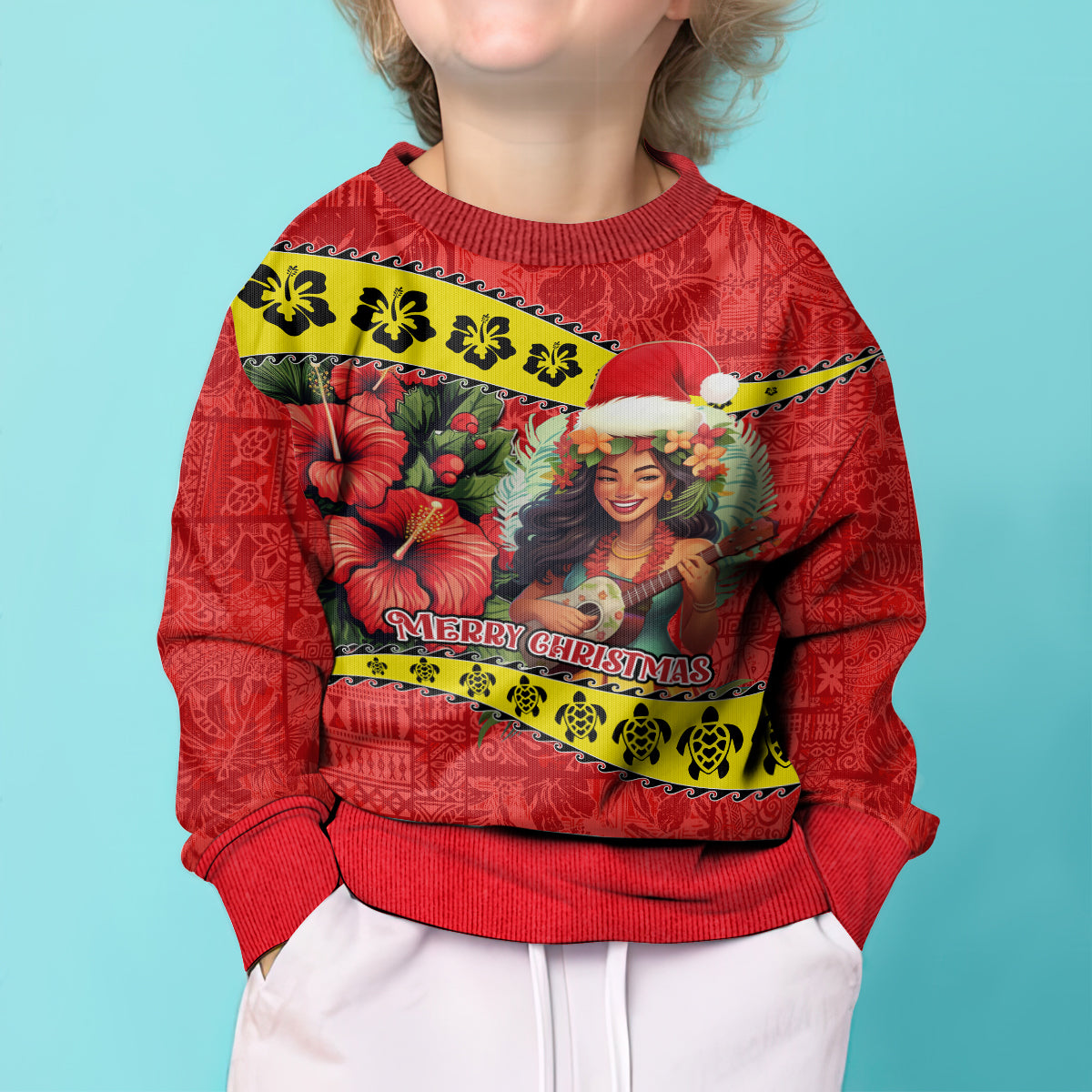 Personalised Hawaii Christmas Kid Ugly Christmas Sweater Hula Girl Hibiscus With Hawaiian Style Tribal Fabric Patchwork LT03 - Polynesian Pride