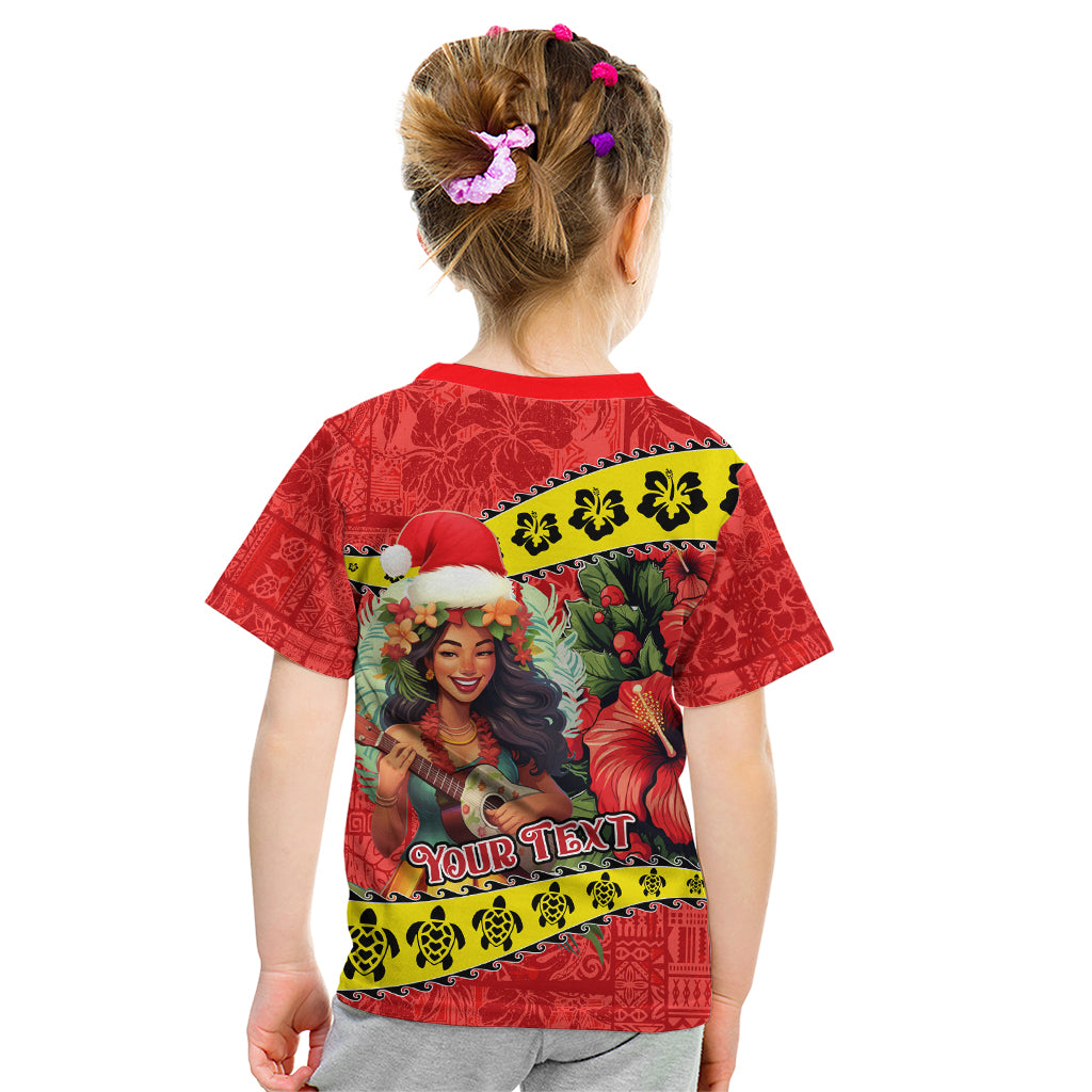 Personalised Hawaii Christmas Kid T Shirt Hula Girl Hibiscus With Hawaiian Style Tribal Fabric Patchwork LT03 - Polynesian Pride