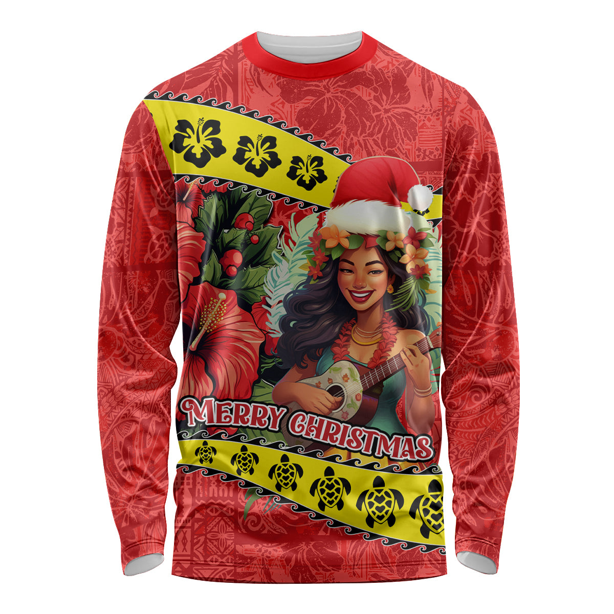 Personalised Hawaii Christmas Long Sleeve Shirt Hula Girl Hibiscus With Hawaiian Style Tribal Fabric Patchwork LT03 Unisex Red - Polynesian Pride