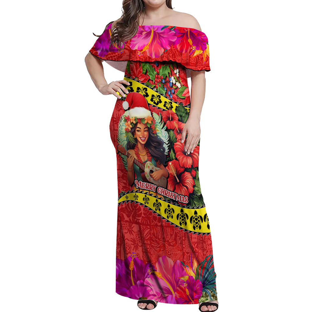 Personalised Hawaii Christmas Off Shoulder Maxi Dress Hula Girl Hibiscus With Hawaiian Style Tribal Fabric Patchwork LT03 Women Red - Polynesian Pride