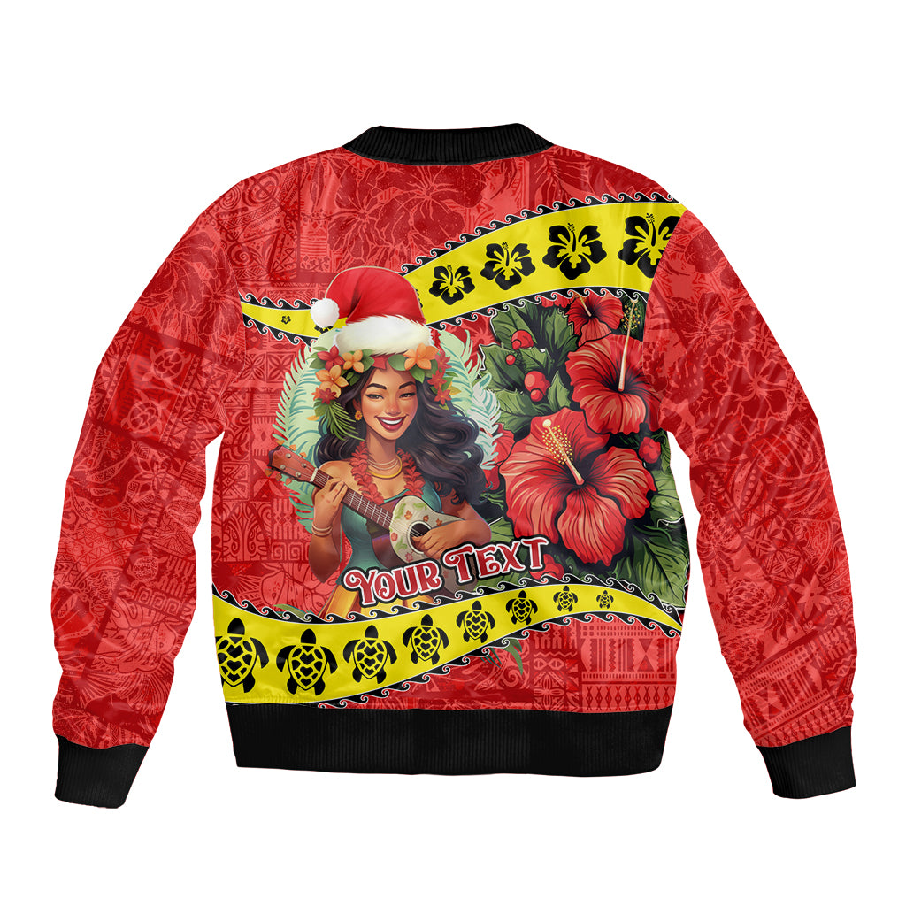 Personalised Hawaii Christmas Sleeve Zip Bomber Jacket Hula Girl Hibiscus With Hawaiian Style Tribal Fabric Patchwork LT03 - Polynesian Pride