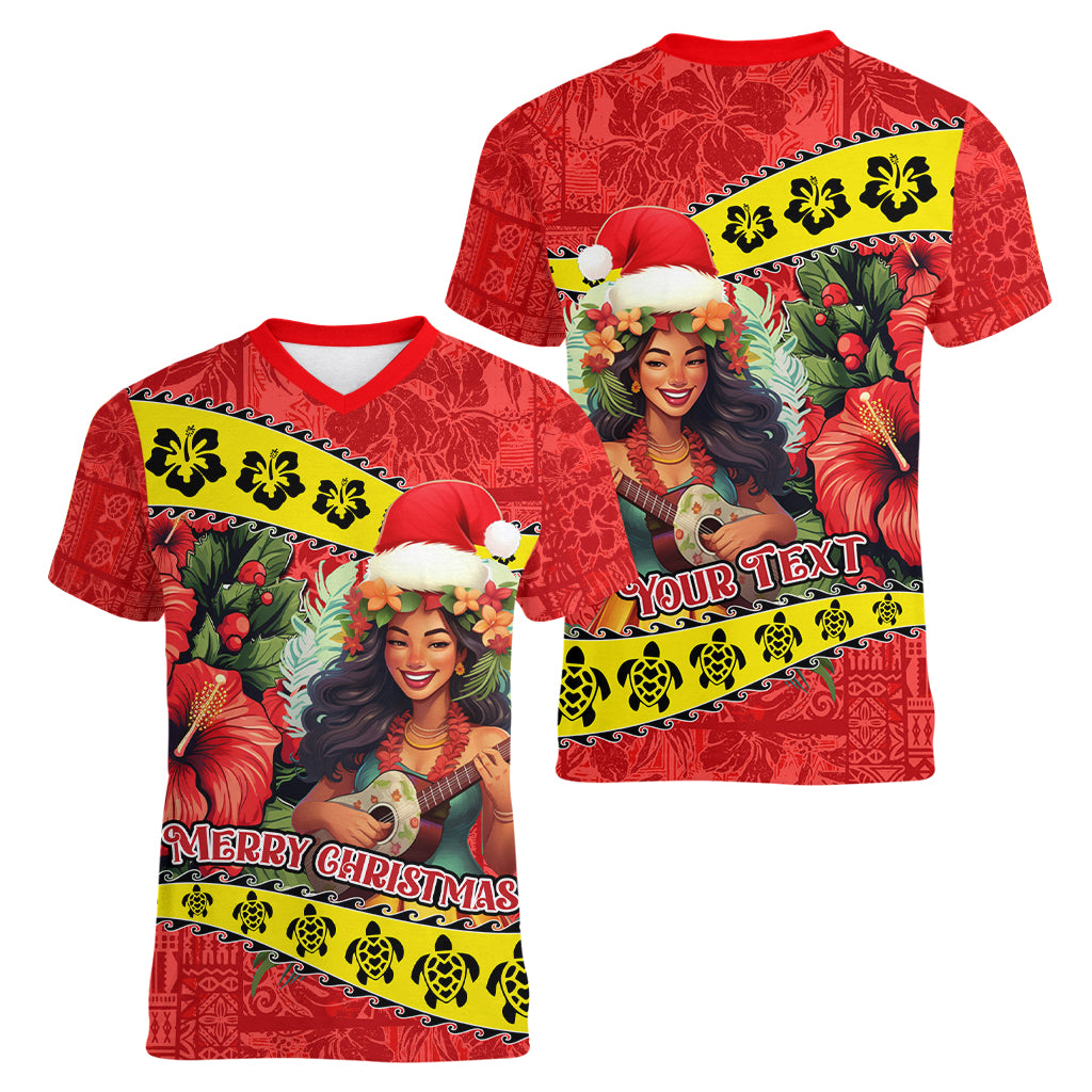Personalised Hawaii Christmas Women V Neck T Shirt Hula Girl Hibiscus With Hawaiian Style Tribal Fabric Patchwork LT03 - Polynesian Pride