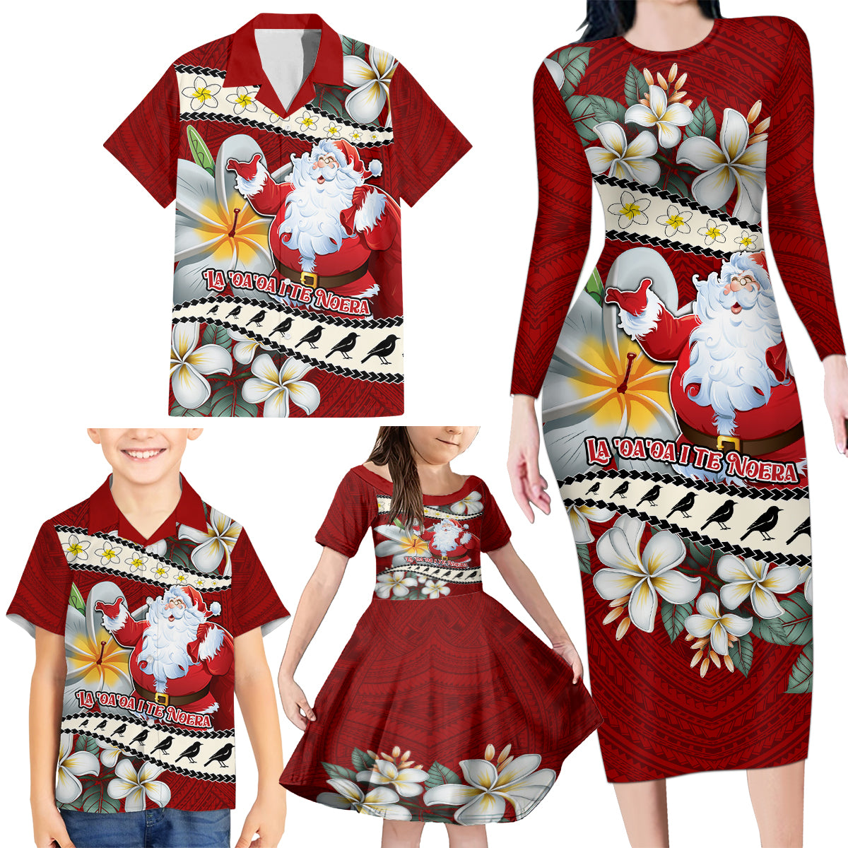 Tahiti Christmas Family Matching Long Sleeve Bodycon Dress and Hawaiian Shirt Tiare Flowers and Pomarea Nigra with Polynesian Pattern LT03 - Polynesian Pride