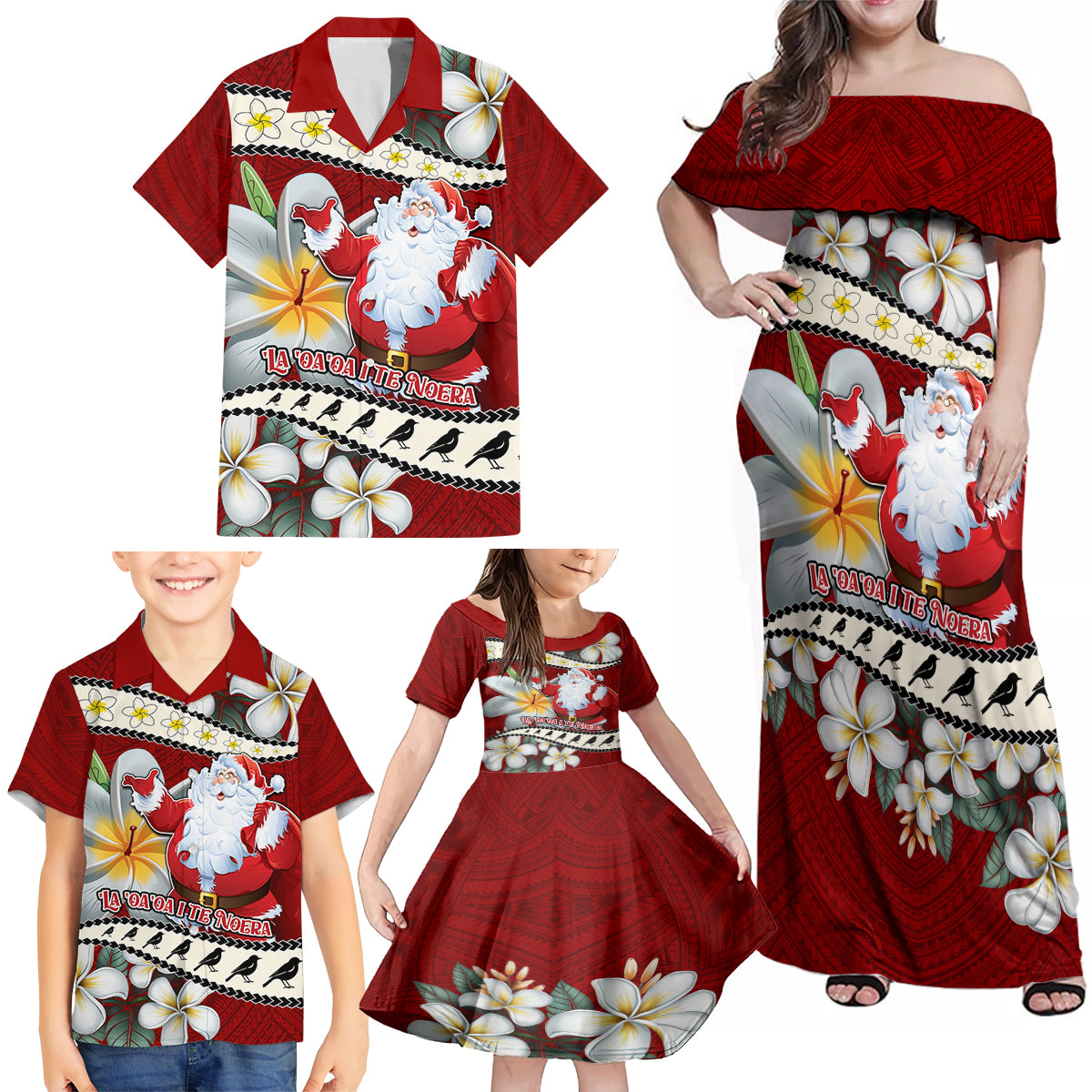 Tahiti Christmas Family Matching Off Shoulder Maxi Dress and Hawaiian Shirt Tiare Flowers and Pomarea Nigra with Polynesian Pattern LT03 - Polynesian Pride