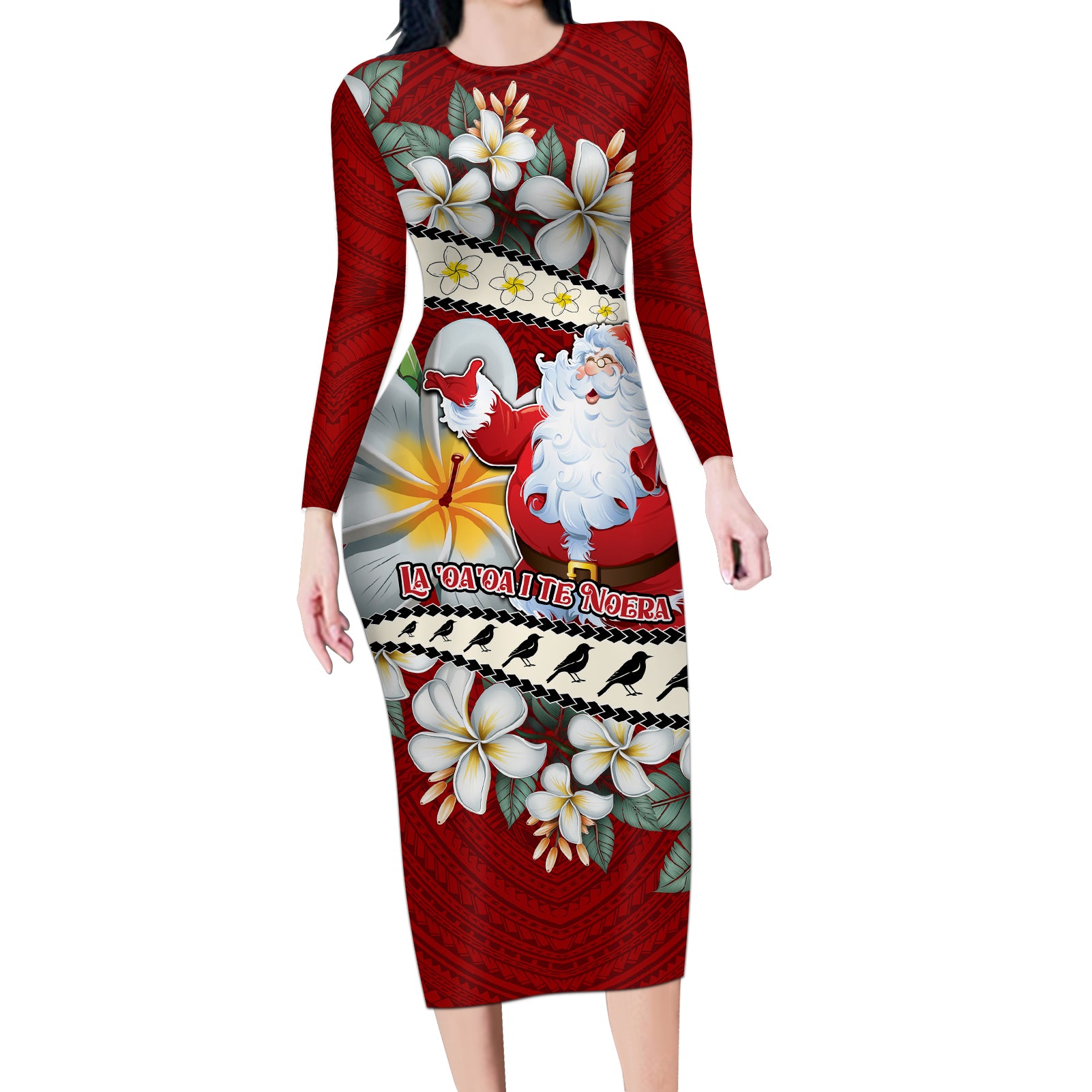 Tahiti Christmas Long Sleeve Bodycon Dress Tiare Flowers and Pomarea Nigra with Polynesian Pattern LT03 Long Dress Red - Polynesian Pride