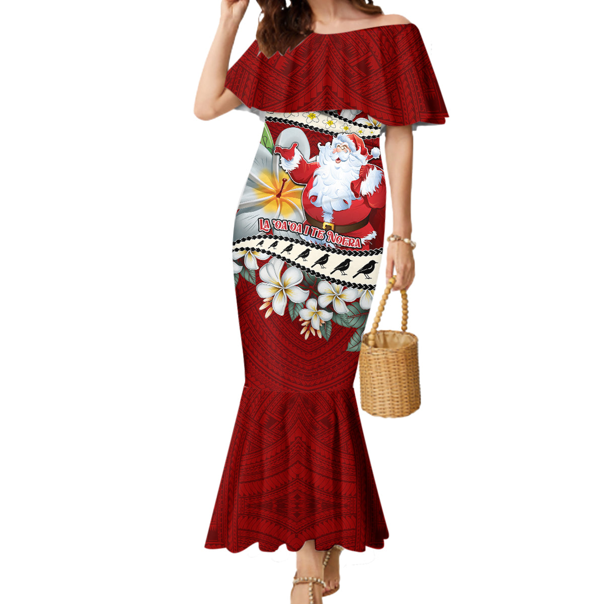 Tahiti Christmas Mermaid Dress Tiare Flowers and Pomarea Nigra with Polynesian Pattern LT03 Women Red - Polynesian Pride