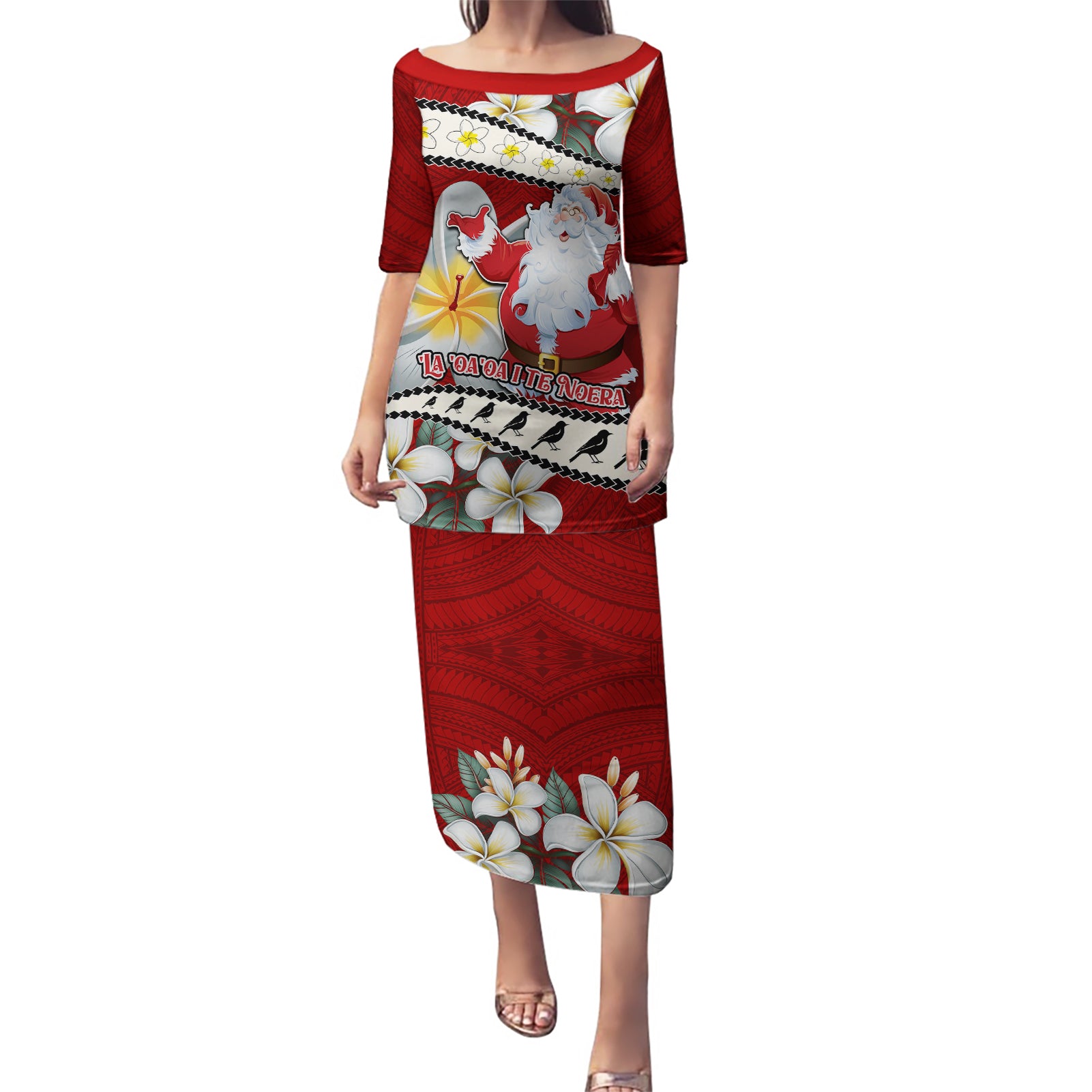 Tahiti Christmas Puletasi Tiare Flowers and Pomarea Nigra with Polynesian Pattern LT03 Long Dress Red - Polynesian Pride