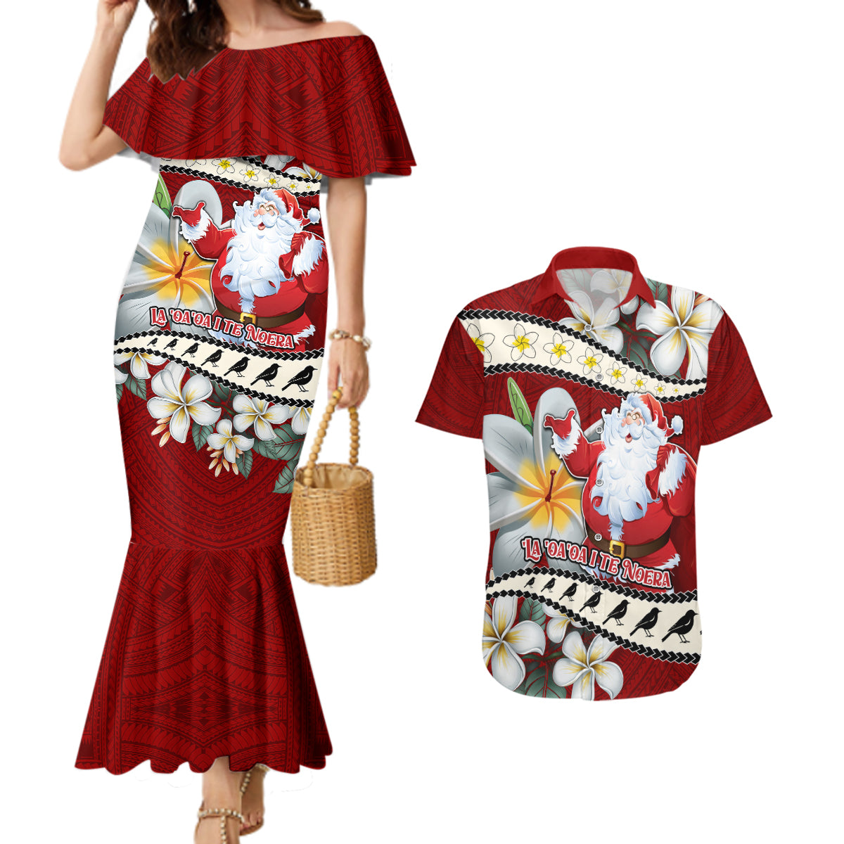 Personalised Tahiti Christmas Couples Matching Mermaid Dress and Hawaiian Shirt Tiare Flowers and Pomarea Nigra with Polynesian Pattern LT03 Red - Polynesian Pride