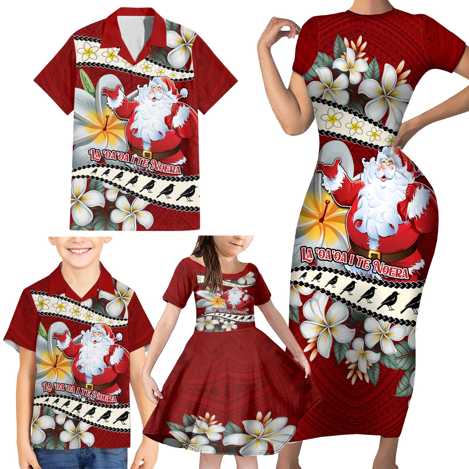 Personalised Tahiti Christmas Family Matching Short Sleeve Bodycon Dress and Hawaiian Shirt Tiare Flowers and Pomarea Nigra with Polynesian Pattern LT03 - Polynesian Pride