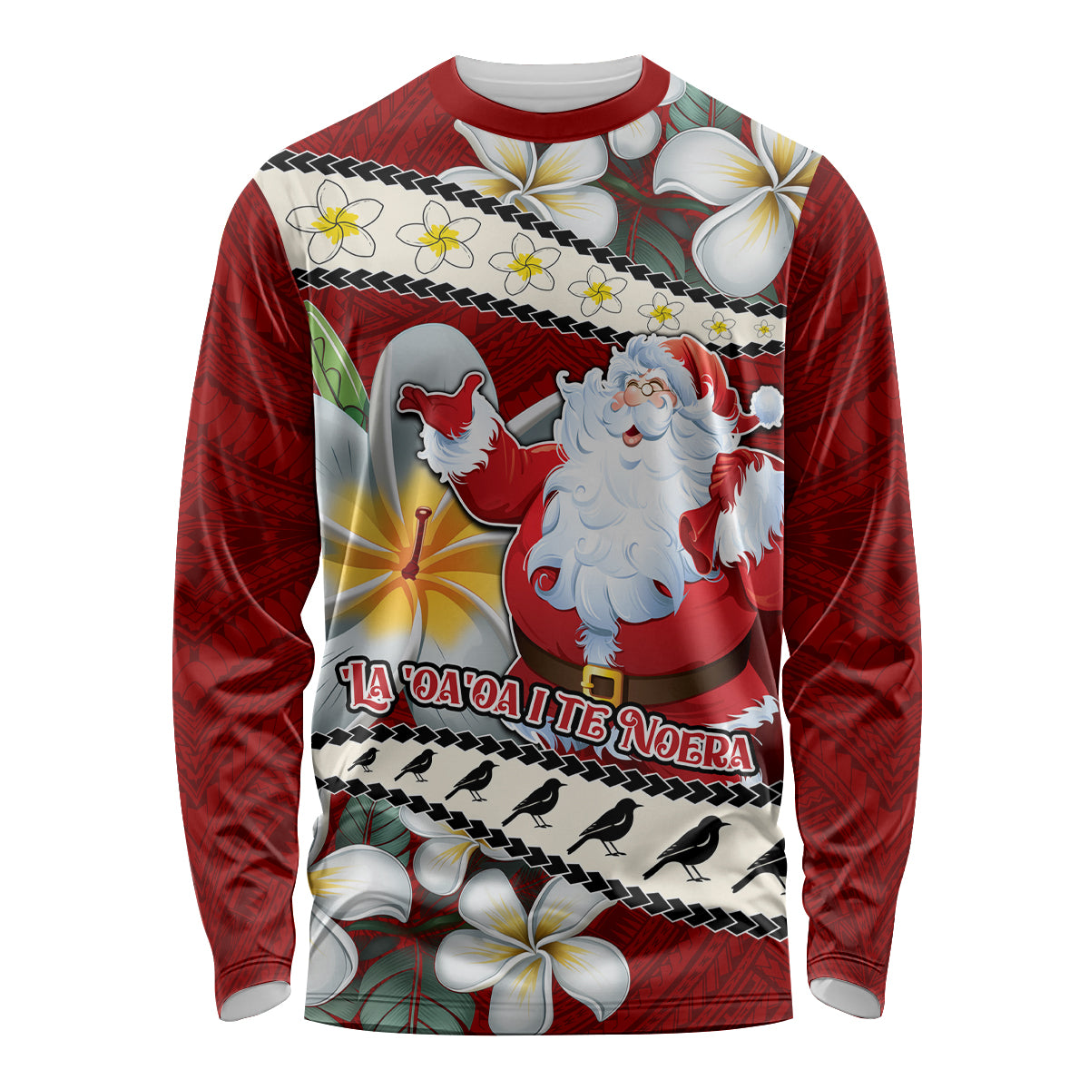 Personalised Tahiti Christmas Long Sleeve Shirt Tiare Flowers and Pomarea Nigra with Polynesian Pattern LT03 Unisex Red - Polynesian Pride