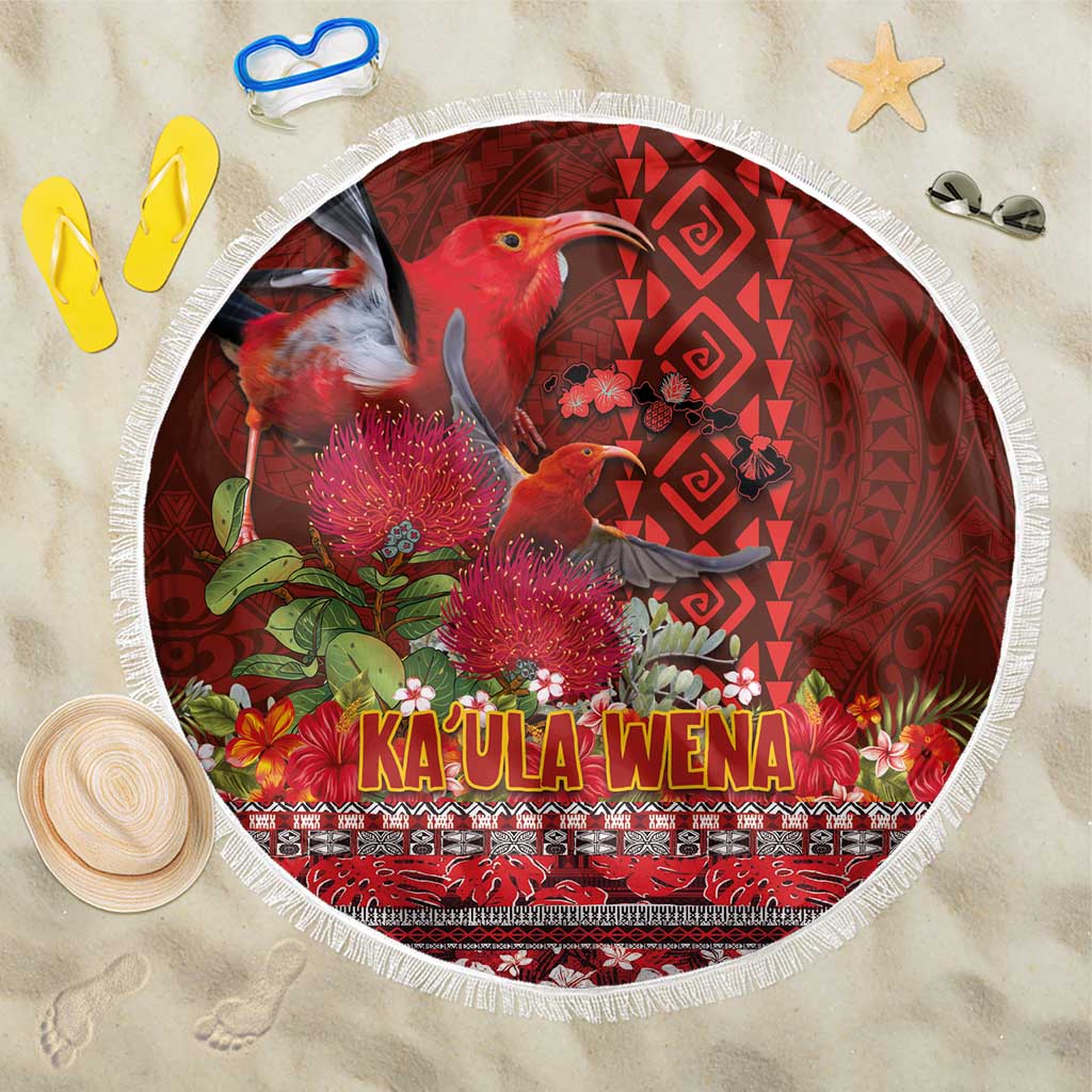 Hawaii KaUla Wena Iiwi Beach Blanket With Tropical Plants and 'Ohi'a lehua Kakau Art Tattoo LT03 One Size 150cm Red - Polynesian Pride