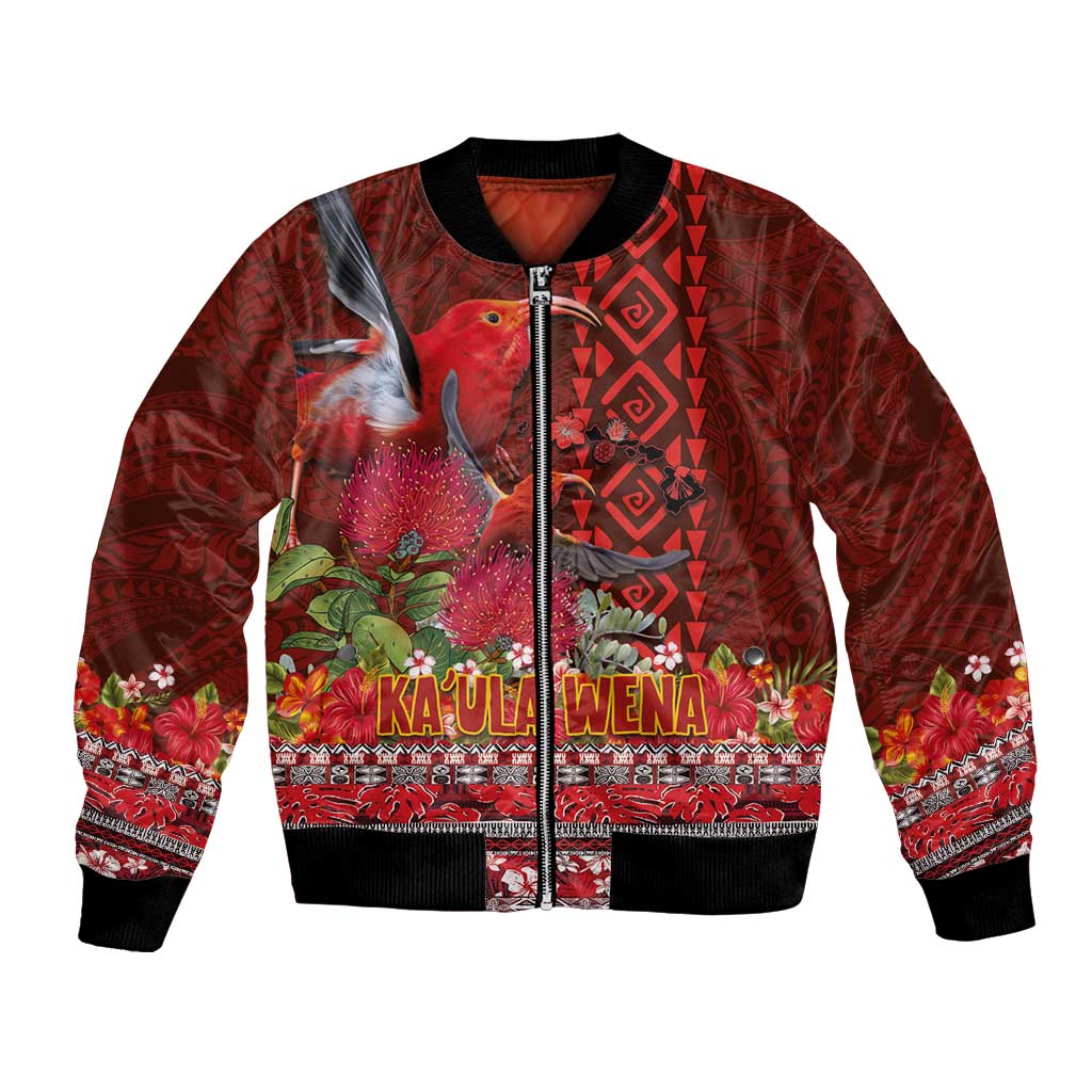 Hawaii KaUla Wena Iiwi Bomber Jacket With Tropical Plants and 'Ohi'a lehua Kakau Art Tattoo LT03 Unisex Red - Polynesian Pride