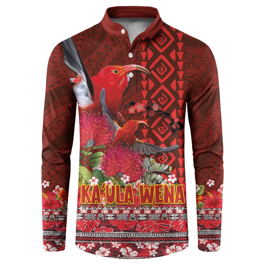 Hawaii KaUla Wena Iiwi Button Sweatshirt With Tropical Plants and 'Ohi'a lehua Kakau Art Tattoo LT03 Red - Polynesian Pride