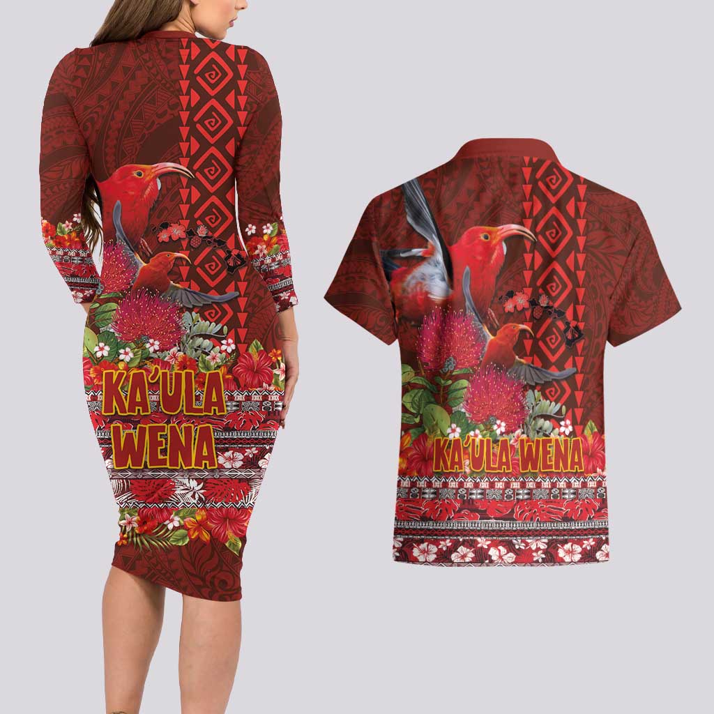 Hawaii KaʻUla Wena ʻIʻiwi Couples Matching Long Sleeve Bodycon Dress and Hawaiian Shirt With Tropical Plants and 'Ohi'a lehua Kakau Art Tattoo