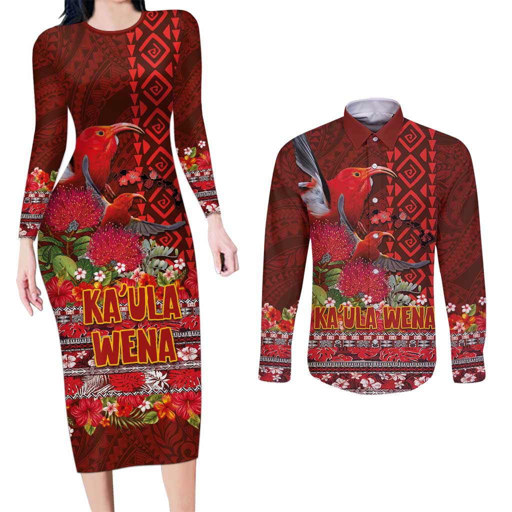 Hawaii KaUla Wena Iiwi Couples Matching Long Sleeve Bodycon Dress and Long Sleeve Button Shirt With Tropical Plants and 'Ohi'a lehua Kakau Art Tattoo LT03 Red - Polynesian Pride