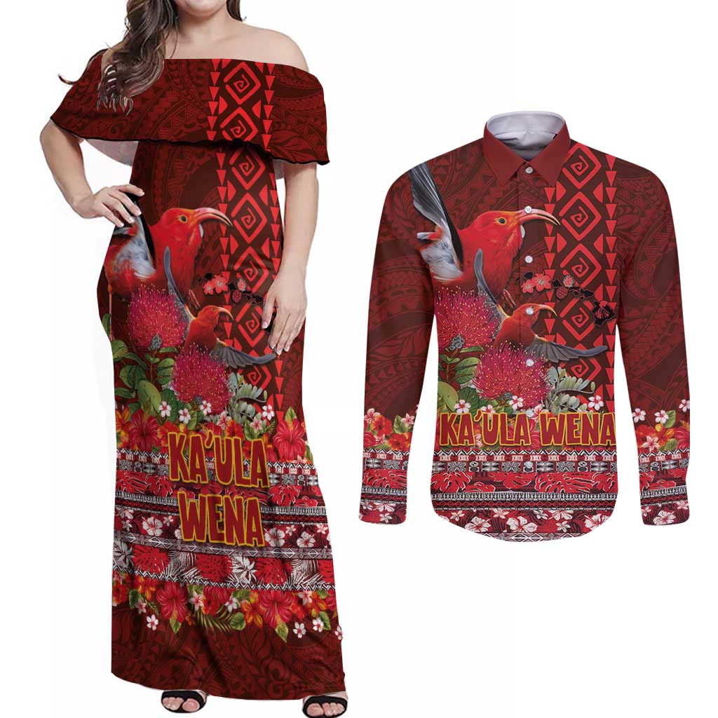 Hawaii KaUla Wena Iiwi Couples Matching Off Shoulder Maxi Dress and Long Sleeve Button Shirt With Tropical Plants and 'Ohi'a lehua Kakau Art Tattoo LT03 Red - Polynesian Pride