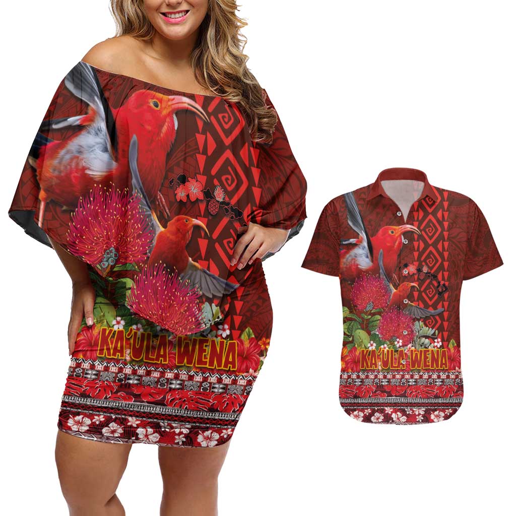 Hawaii KaUla Wena Iiwi Couples Matching Off Shoulder Short Dress and Hawaiian Shirt With Tropical Plants and 'Ohi'a lehua Kakau Art Tattoo LT03 Red - Polynesian Pride