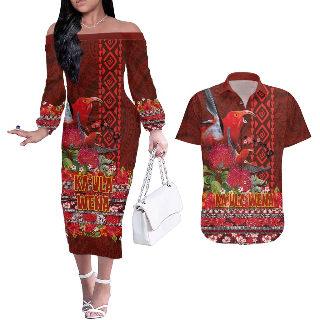 Hawaii KaUla Wena Iiwi Couples Matching Off The Shoulder Long Sleeve Dress and Hawaiian Shirt With Tropical Plants and 'Ohi'a lehua Kakau Art Tattoo LT03 Red - Polynesian Pride