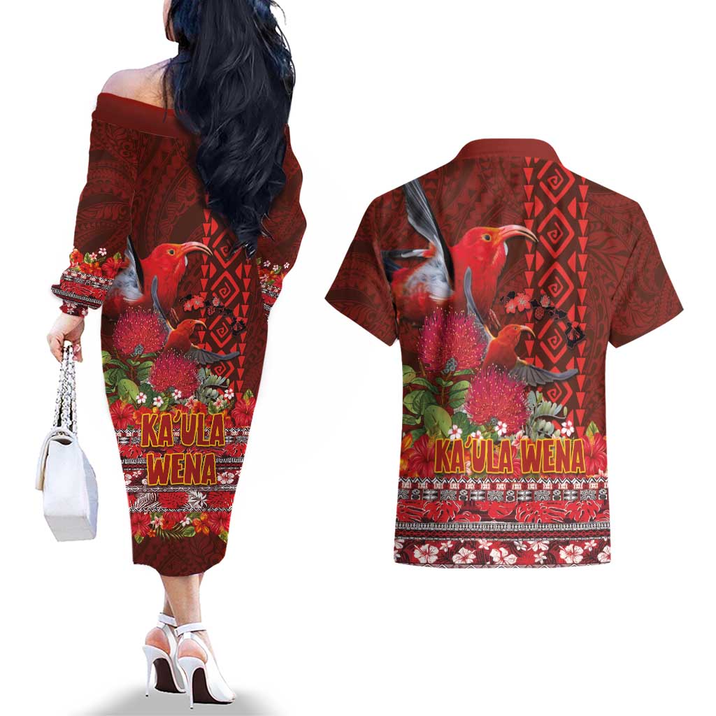 Hawaii KaʻUla Wena ʻIʻiwi Couples Matching Off The Shoulder Long Sleeve Dress and Hawaiian Shirt With Tropical Plants and 'Ohi'a lehua Kakau Art Tattoo