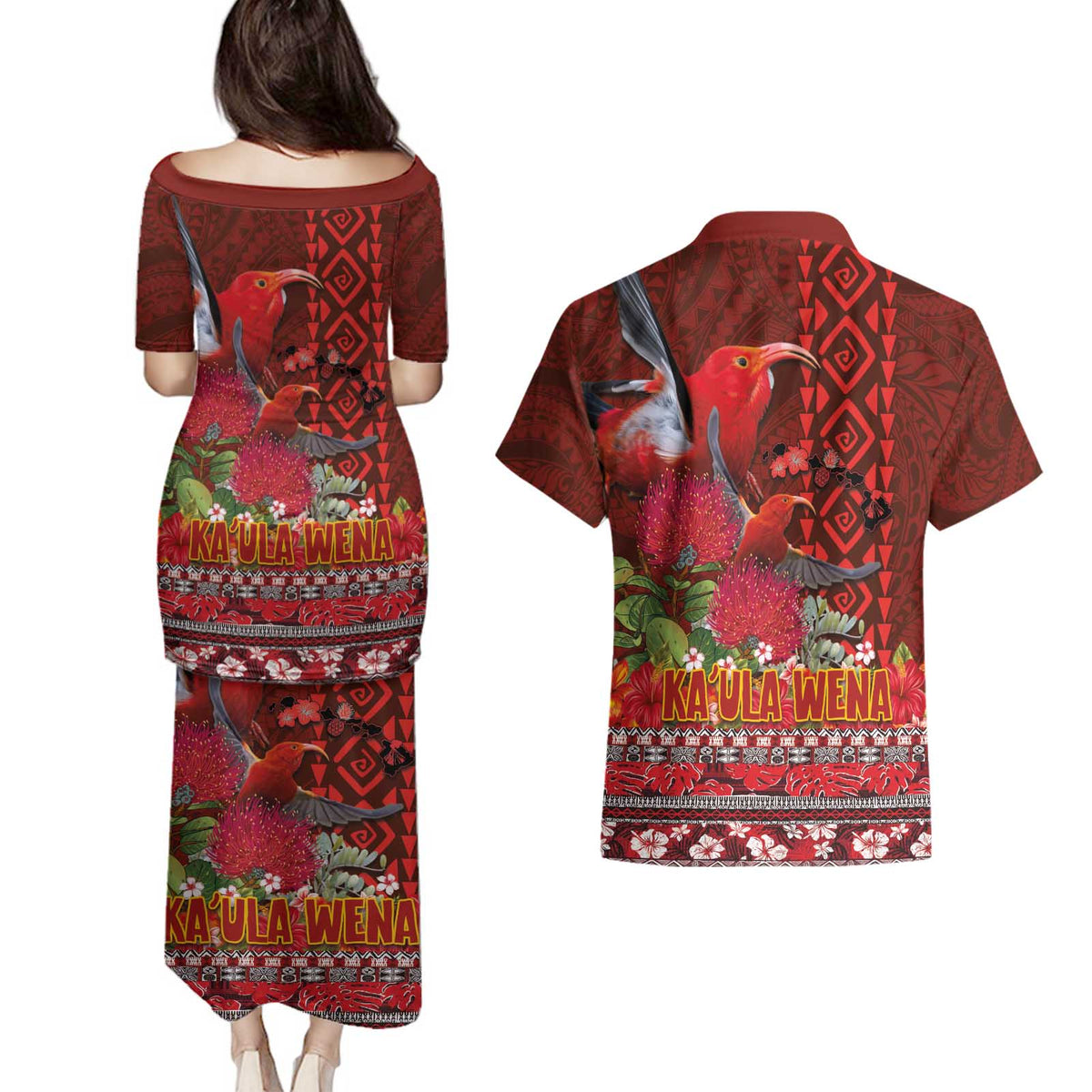 Hawaii KaʻUla Wena ʻIʻiwi Couples Matching Puletasi and Hawaiian Shirt With Tropical Plants and 'Ohi'a lehua Kakau Art Tattoo