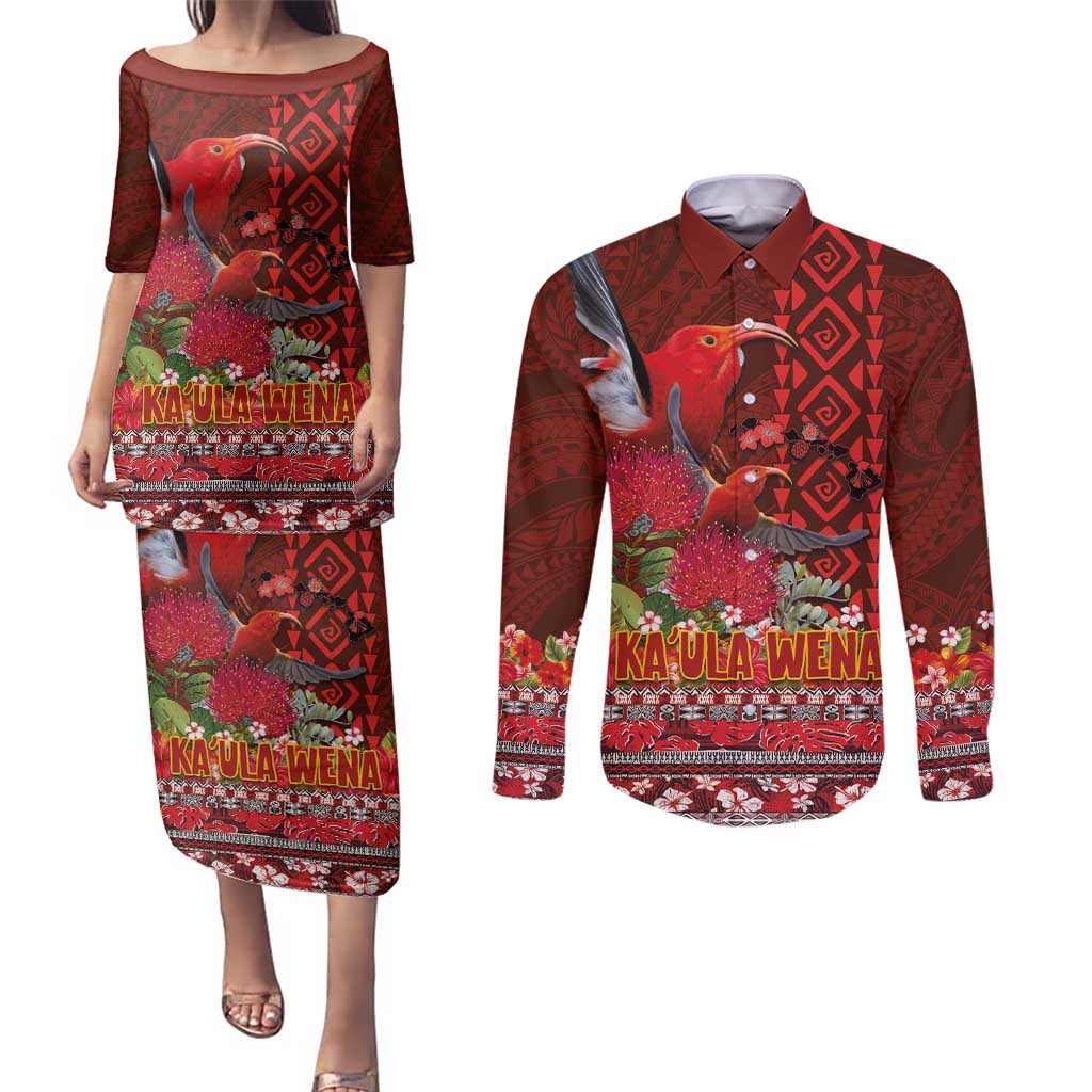 Hawaii KaUla Wena Iiwi Couples Matching Puletasi and Long Sleeve Button Shirt With Tropical Plants and 'Ohi'a lehua Kakau Art Tattoo LT03 Red - Polynesian Pride