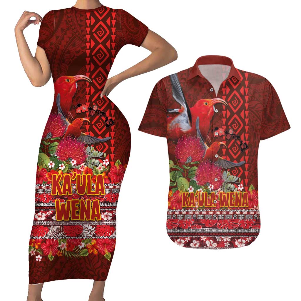 Hawaii KaUla Wena Iiwi Couples Matching Short Sleeve Bodycon Dress and Hawaiian Shirt With Tropical Plants and 'Ohi'a lehua Kakau Art Tattoo LT03 Red - Polynesian Pride