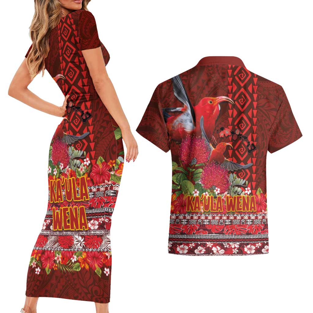 Hawaii KaʻUla Wena ʻIʻiwi Couples Matching Short Sleeve Bodycon Dress and Hawaiian Shirt With Tropical Plants and 'Ohi'a lehua Kakau Art Tattoo