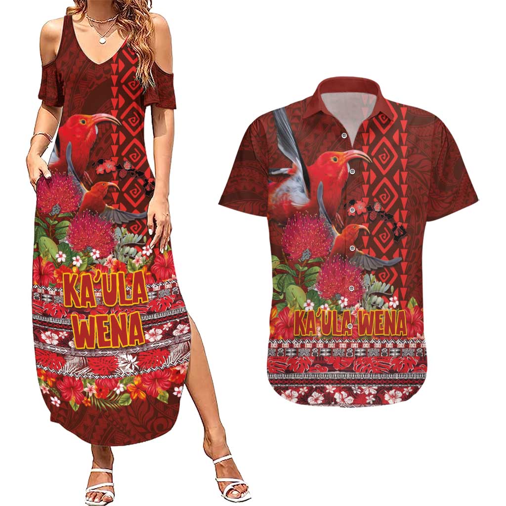 Hawaii KaUla Wena Iiwi Couples Matching Summer Maxi Dress and Hawaiian Shirt With Tropical Plants and 'Ohi'a lehua Kakau Art Tattoo LT03 Red - Polynesian Pride