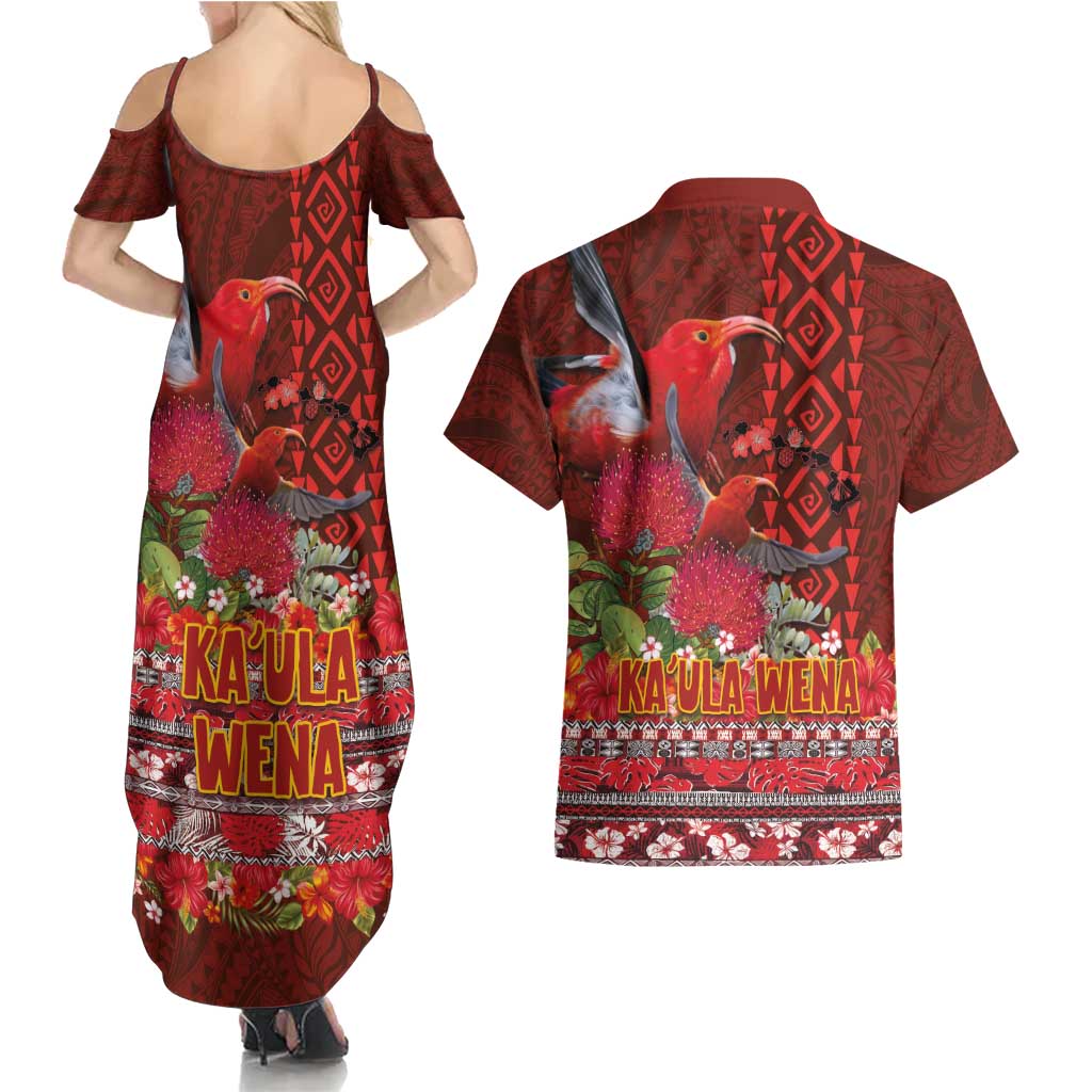 Hawaii KaʻUla Wena ʻIʻiwi Couples Matching Summer Maxi Dress and Hawaiian Shirt With Tropical Plants and 'Ohi'a lehua Kakau Art Tattoo