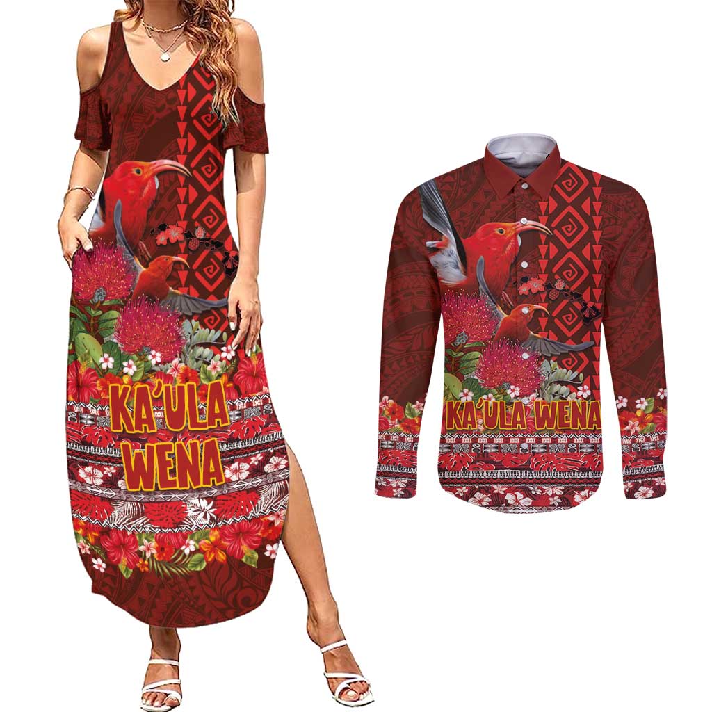 Hawaii KaUla Wena Iiwi Couples Matching Summer Maxi Dress and Long Sleeve Button Shirt With Tropical Plants and 'Ohi'a lehua Kakau Art Tattoo LT03 Red - Polynesian Pride