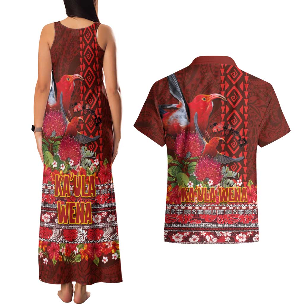 Hawaii KaʻUla Wena ʻIʻiwi Couples Matching Tank Maxi Dress and Hawaiian Shirt With Tropical Plants and 'Ohi'a lehua Kakau Art Tattoo