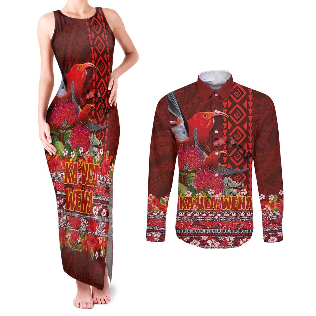Hawaii KaUla Wena Iiwi Couples Matching Tank Maxi Dress and Long Sleeve Button Shirt With Tropical Plants and 'Ohi'a lehua Kakau Art Tattoo LT03 Red - Polynesian Pride