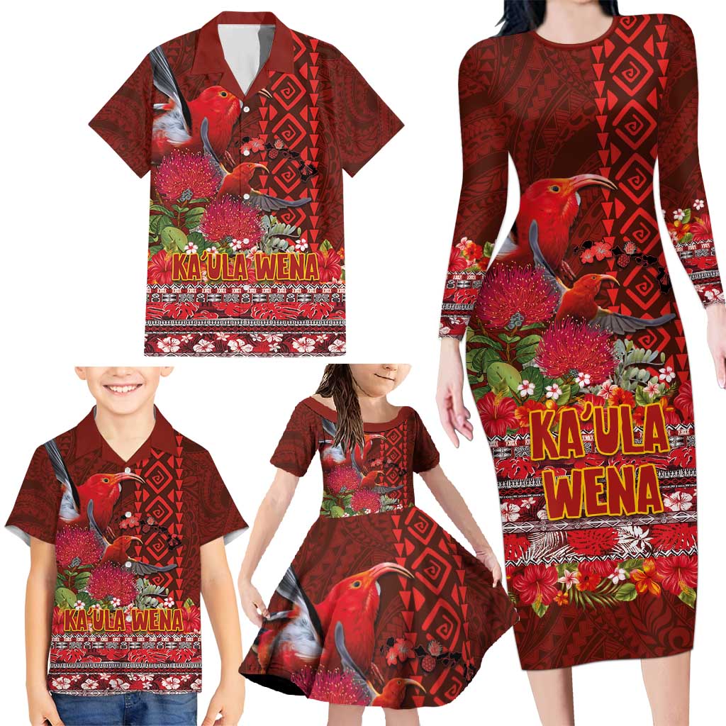 Hawaii KaʻUla Wena ʻIʻiwi Family Matching Long Sleeve Bodycon Dress and Hawaiian Shirt With Tropical Plants and 'Ohi'a lehua Kakau Art Tattoo