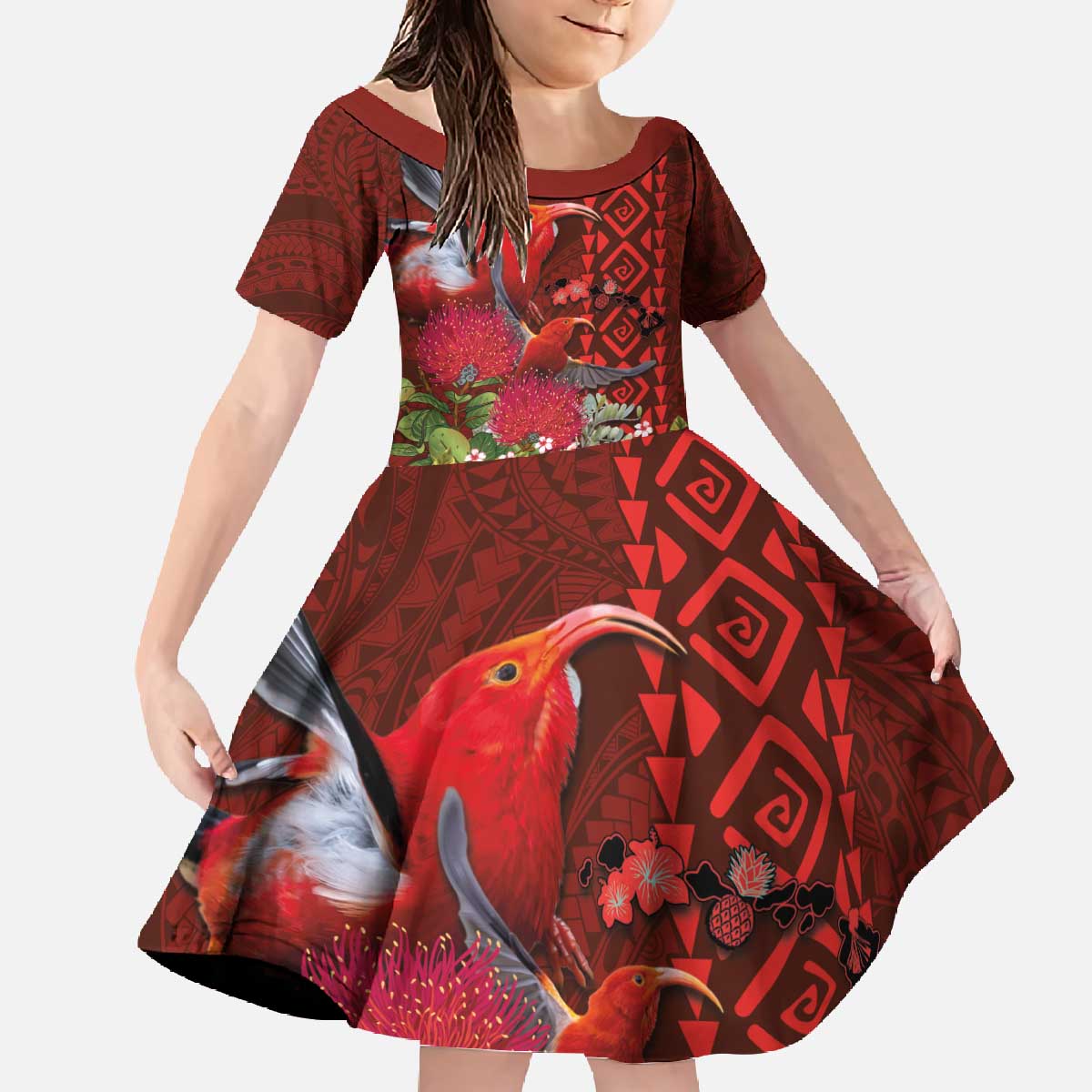 Hawaii KaʻUla Wena ʻIʻiwi Family Matching Off The Shoulder Long Sleeve Dress and Hawaiian Shirt With Tropical Plants and 'Ohi'a lehua Kakau Art Tattoo