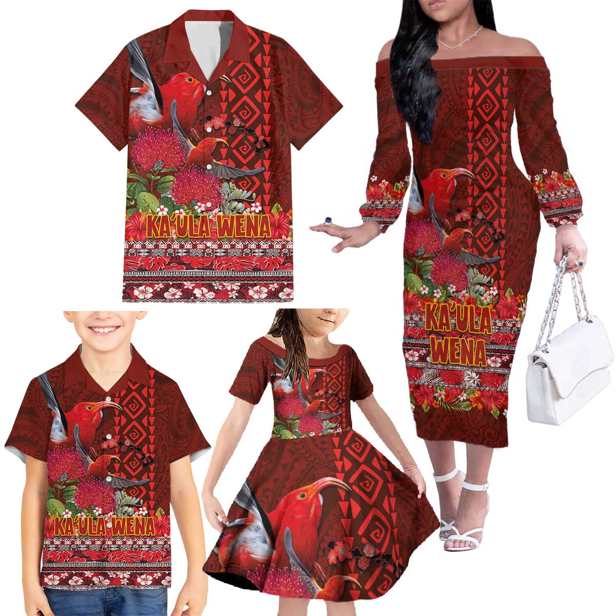 Hawaii KaʻUla Wena ʻIʻiwi Family Matching Off The Shoulder Long Sleeve Dress and Hawaiian Shirt With Tropical Plants and 'Ohi'a lehua Kakau Art Tattoo