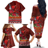 Hawaii KaʻUla Wena ʻIʻiwi Family Matching Off The Shoulder Long Sleeve Dress and Hawaiian Shirt With Tropical Plants and 'Ohi'a lehua Kakau Art Tattoo