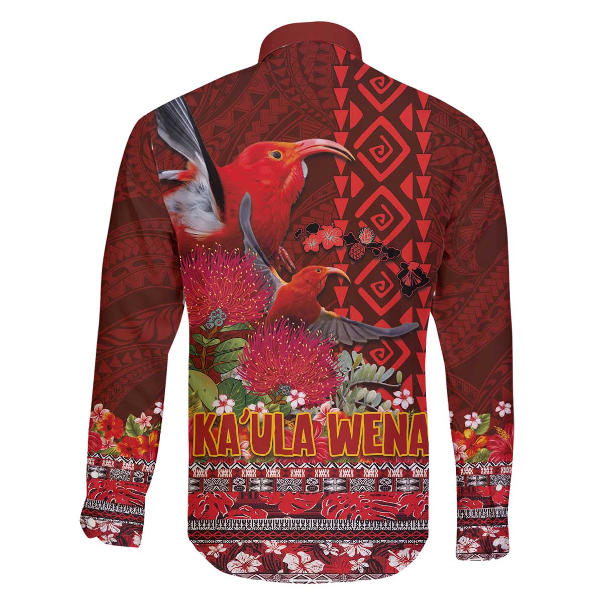 Hawaii KaʻUla Wena ʻIʻiwi Family Matching Off The Shoulder Long Sleeve Dress and Hawaiian Shirt With Tropical Plants and 'Ohi'a lehua Kakau Art Tattoo