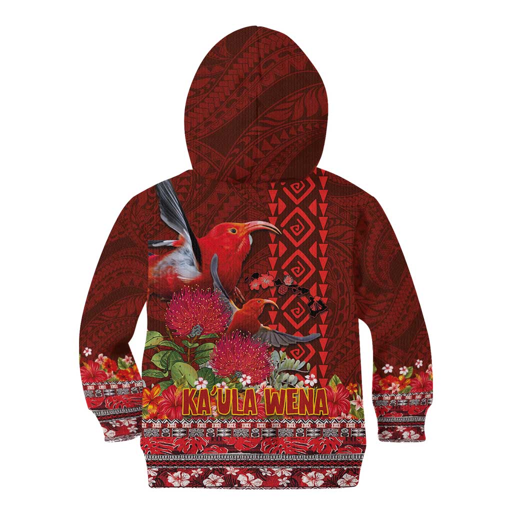 Hawaii KaʻUla Wena ʻIʻiwi Kid Hoodie With Tropical Plants and 'Ohi'a lehua Kakau Art Tattoo