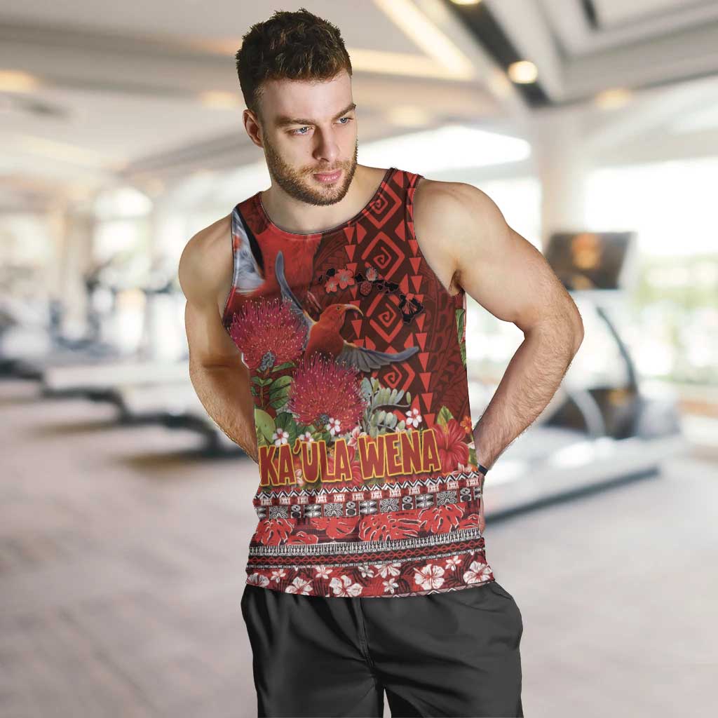 Hawaii KaUla Wena Iiwi Men Tank Top With Tropical Plants and 'Ohi'a lehua Kakau Art Tattoo LT03 Red - Polynesian Pride