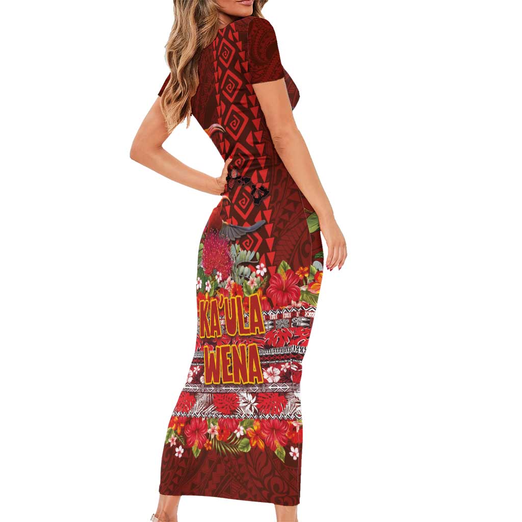 Hawaii KaʻUla Wena ʻIʻiwi Short Sleeve Bodycon Dress With Tropical Plants and 'Ohi'a lehua Kakau Art Tattoo