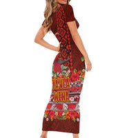 Hawaii KaʻUla Wena ʻIʻiwi Short Sleeve Bodycon Dress With Tropical Plants and 'Ohi'a lehua Kakau Art Tattoo