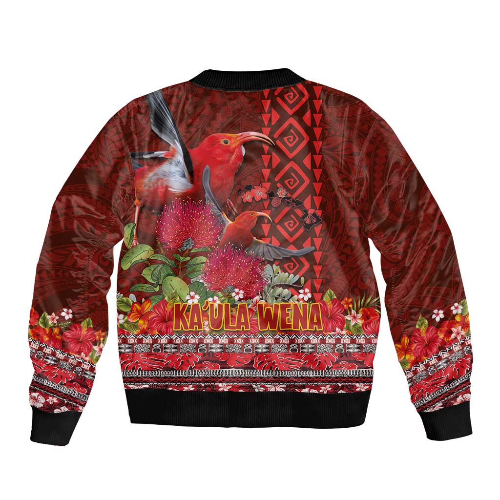 Hawaii KaʻUla Wena ʻIʻiwi Sleeve Zip Bomber Jacket With Tropical Plants and 'Ohi'a lehua Kakau Art Tattoo