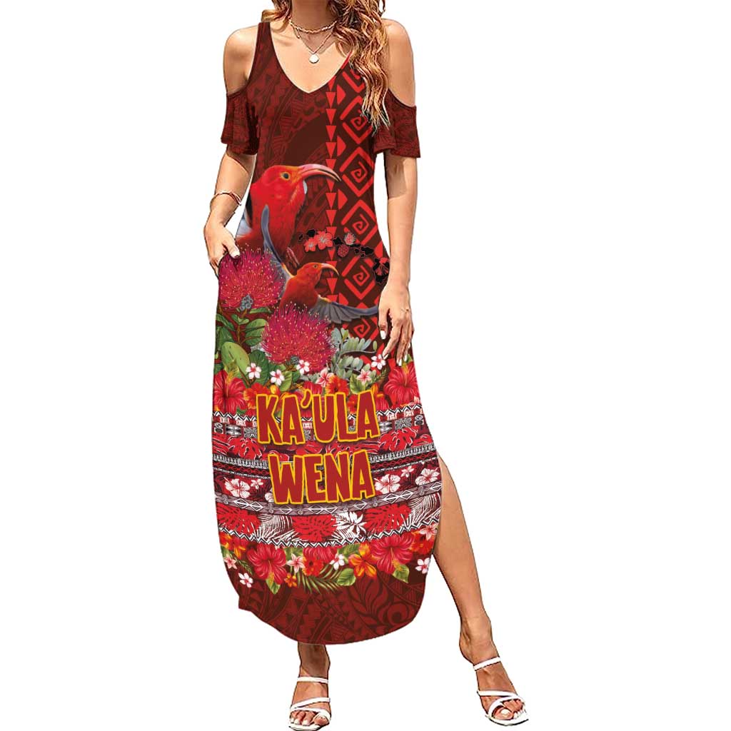 Hawaii KaUla Wena Iiwi Summer Maxi Dress With Tropical Plants and 'Ohi'a lehua Kakau Art Tattoo LT03 Women Red - Polynesian Pride
