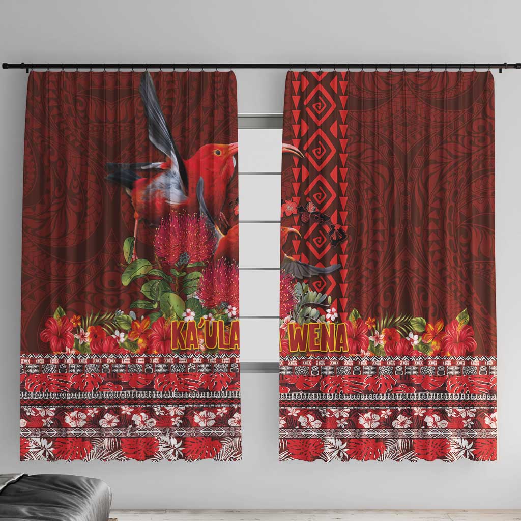 Hawaii KaUla Wena Iiwi Window Curtain With Tropical Plants and 'Ohi'a lehua Kakau Art Tattoo LT03 With Hooks Red - Polynesian Pride