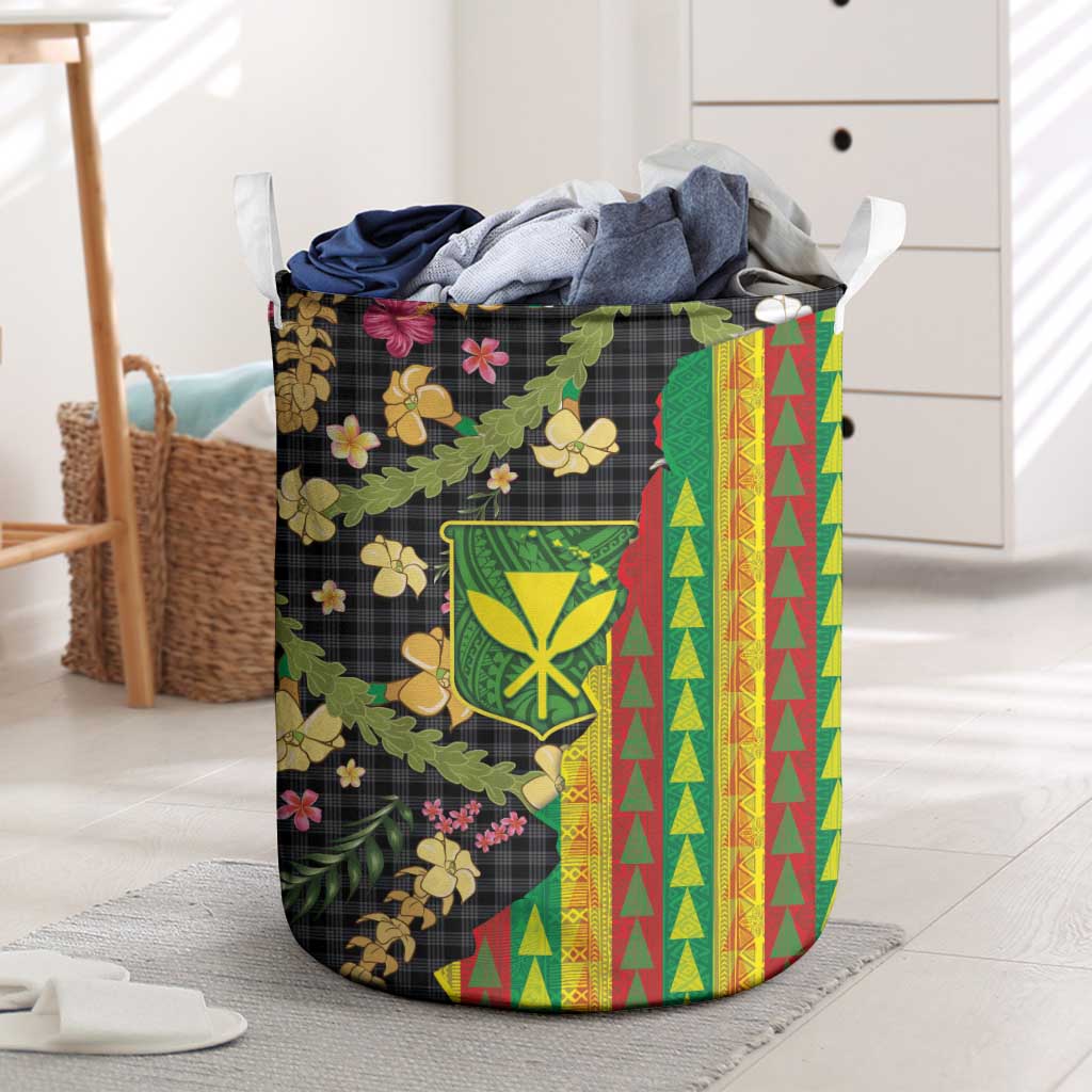 Hawaiian Tropical Plants Lei Laundry Basket Kanaka Maoli Tribal with Palaka Motifs - Polynesian Pride