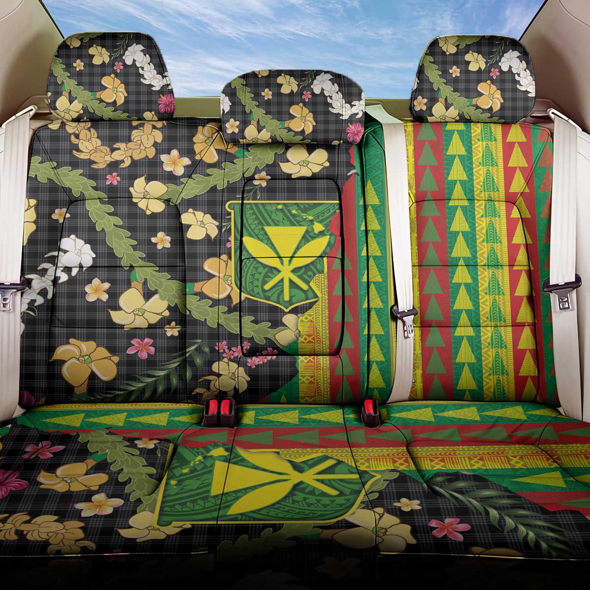 Hawaiian Tropical Plants Lei Back Car Seat Cover Kanaka Maoli Tribal with Palaka Motifs - Polynesian Pride