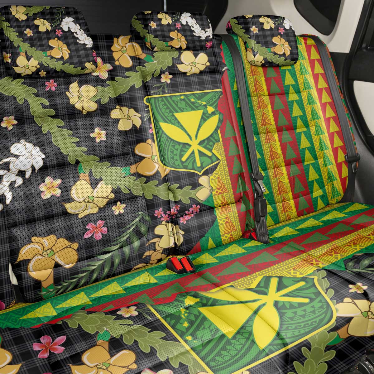 Hawaiian Tropical Plants Lei Back Car Seat Cover Kanaka Maoli Tribal with Palaka Motifs - Polynesian Pride