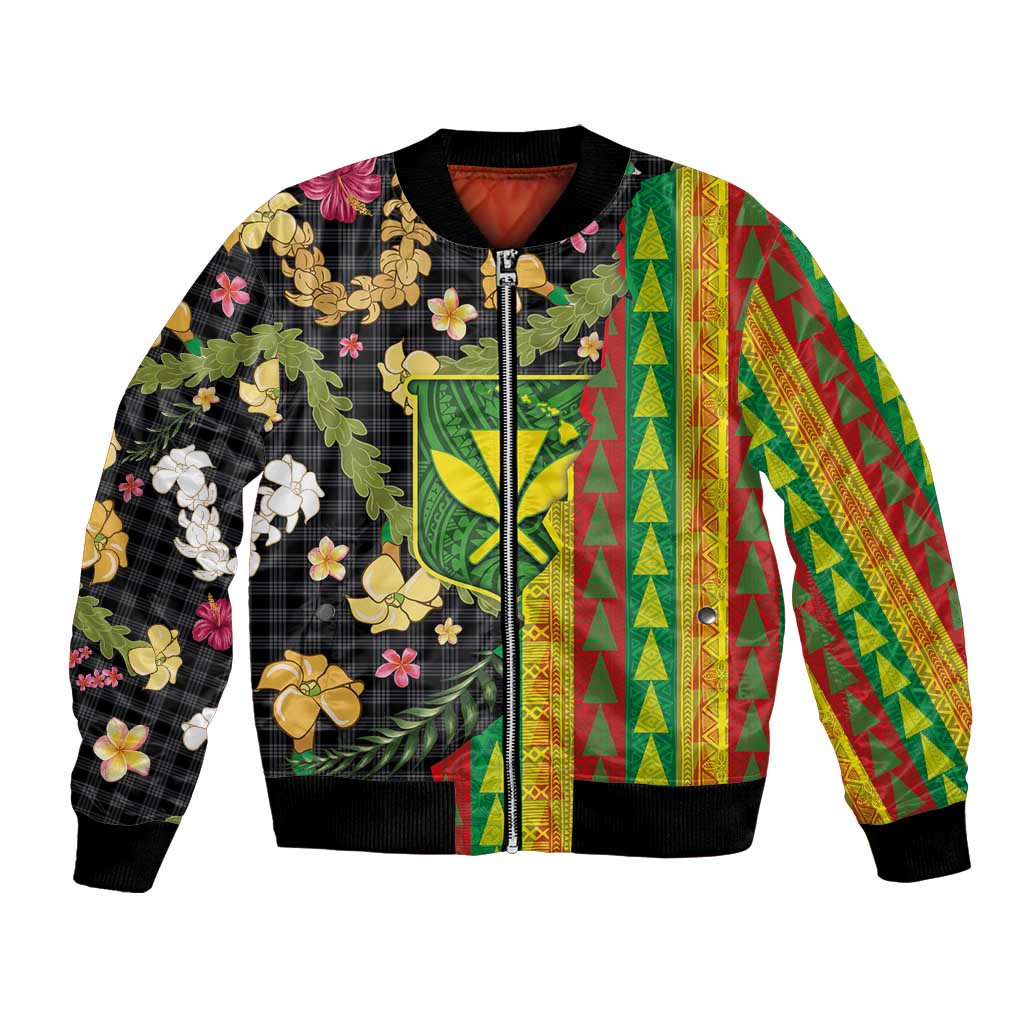 Hawaiian Tropical Plants Lei Bomber Jacket Kanaka Maoli Tribal with Palaka Motifs - Polynesian Pride