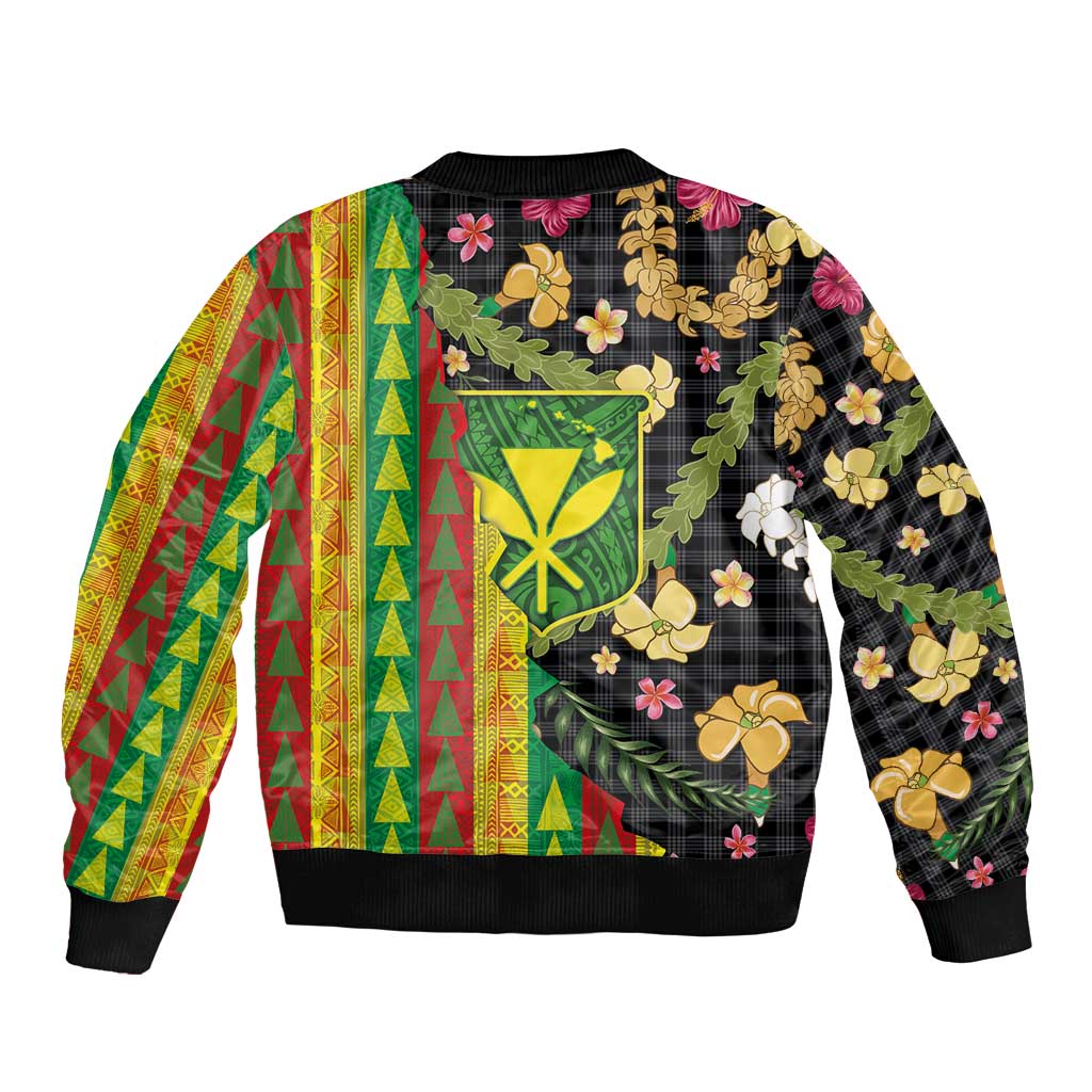 Hawaiian Tropical Plants Lei Bomber Jacket Kanaka Maoli Tribal with Palaka Motifs - Polynesian Pride